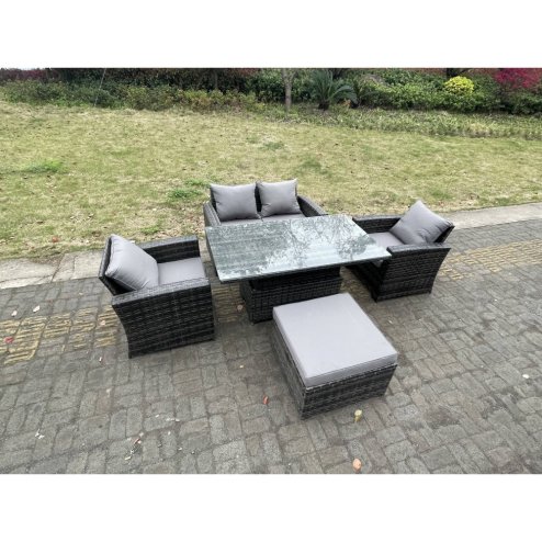 Fimous Rattan Outdoor Furniture Adjustable Rising Lifting Rectangle Dining Table Chairs Two Seater Love Sofa Sets Big Footstools 5 Seater