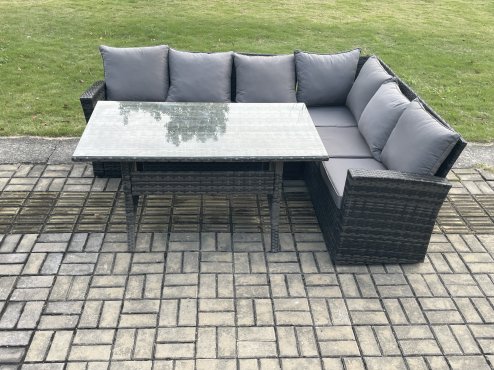 Fimous 6 Seater Garden Rattan Furniture Corner Sofa Dining Table Set with Temper Glass and Cushions Indoor Outdoor Lounge Sofa Set