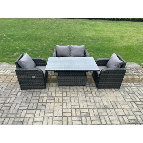 Fimous Wicker PE Rattan Furniture Garden Dining Set Outdoor Patio Height Adjustable Rising lifting Table Love Sofa With Reclining Chair