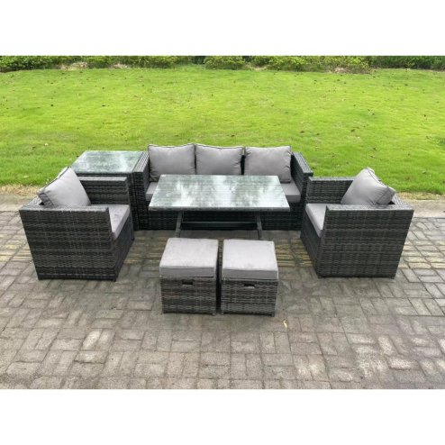 Fimous 7 Seater Rattan Outdoor Furniture Garden Dining Set with Lounge Sofa Dining Table 2 Armchairs Small Stools Dark Grey Mixed