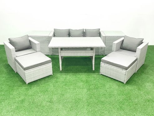Fimous Garden Dining Set Outdoor Rattan Furniture Set with Sofa Dining Table 2 Chairs 2 Big Footstools 2 Side Tables Light Grey Mixed