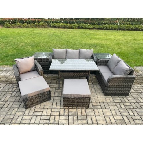 Fimous 8 Piece Rattan Garden Furniture Set with Patio Sofa Rectangular Dining Table 2 Side Tables 2 Big Footstool Indoor Conservatory Patio Set