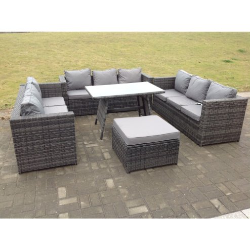 Fimous Outdoor Rattan Garden Furniture Lounge Sofa Set With Oblong Dining Table With Clear Tempered Glass And Big Footstool