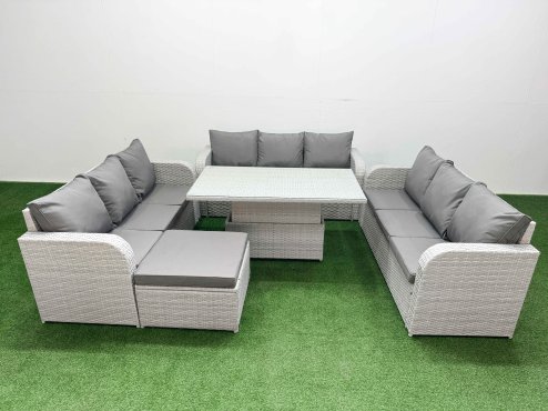 Fimous PE Rattan Lounge Sofa Set 10 Seater Outdoor Garden Furniture Set with Adjustable Lifting Dining or Coffee Table 3 Seater Sofa Big Footstool Light Grey