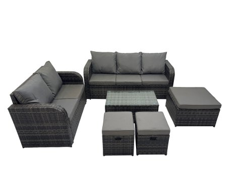 Fimous Outdoor Love Sofa 3 Seater Sofa Coffee Table Set Garden Rattan Furniture Set 8 Seater with 3 Stools Dark Grey