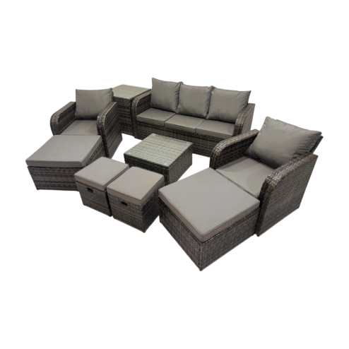 Fimous 3 Seater Sofa Reclining Chair Coffee Table Set Rattan Garden Outdoor Furniture Set with Side Table 4 Stools Dark Grey Mixed