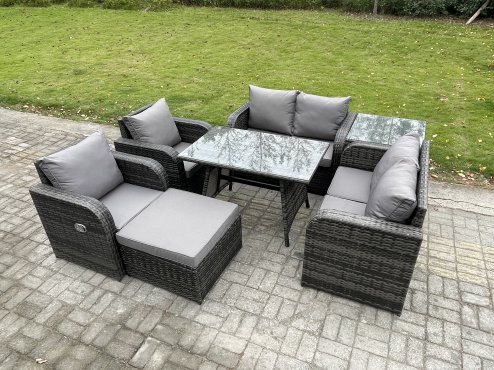 Fimous Wicker PE Rattan Garden Dining Set Outdoor Furniture Sofa with Rectangular Dining Table Big Footstool Side Table Dark Grey Mixed