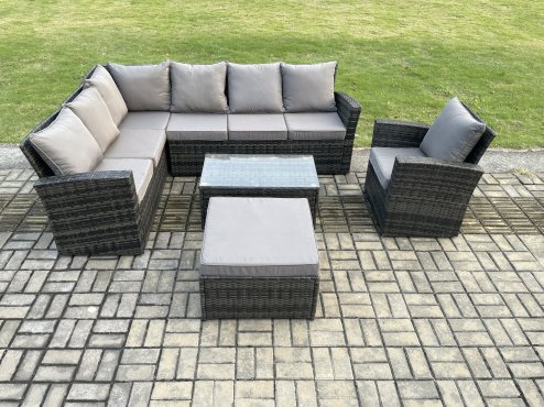 Fimous 8 Seater Rattan Garden Furniture Corner Sofa Set Outdoor Patio Sofa Chair Table Set with Rectangular Coffee Table Dark Grey Mixed