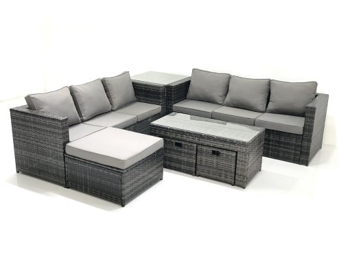 Fimous Garden Outdoor Rattan Furniture Set with Sofa Coffee table 3 Footstools Side Table Dark Grey Mixed