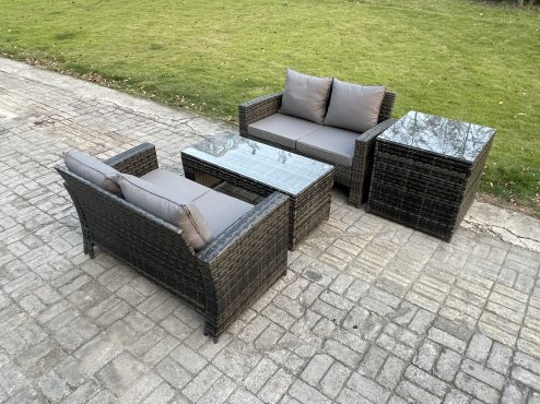 Fimous 4 Pieces Garden Furniture Sets Poly Rattan Outdoor Patio Furniture PE Wicker Furniture Set with Loveseat and Table for Garden Backyard Dark Grey Mixed