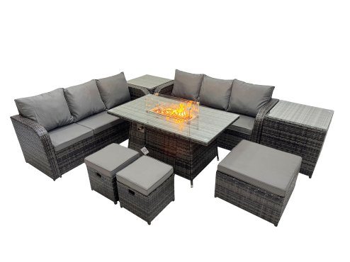 Fimous Garden Outdoor Rattan Furniture Set Rattan 3 Seater Sofa with 3 Stools 2 Side Tables Dark Grey Mixed