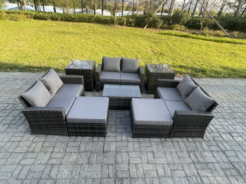 Fimous 8 pc Rattan Sofa Garden Furniture Outdoor Patio Set with 2 Side Tables 2 Big Footstool Love Seat Sofa Dark Grey Mixed