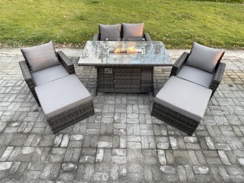 Fimous 6 Seater Rattan Garden Furniture Set Outdoor Lounge Sofa Chair Gas Fire Pit Dining Table Set With 2 Big Footstool Double Seat Sofa Armchiar