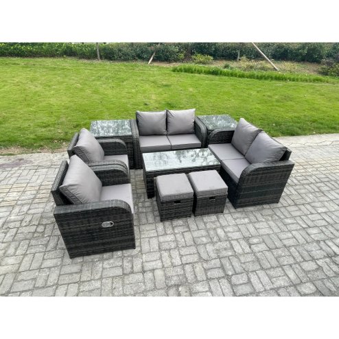 Fimous 9 Piece Rattan Garden Furniture Set Outdoor Patio Sofa, Table and Chairs Coffee Table 2 Small Footstools Ideal for Pool Side, Balcony, Outdoor and indoor Conservatory Patio Set