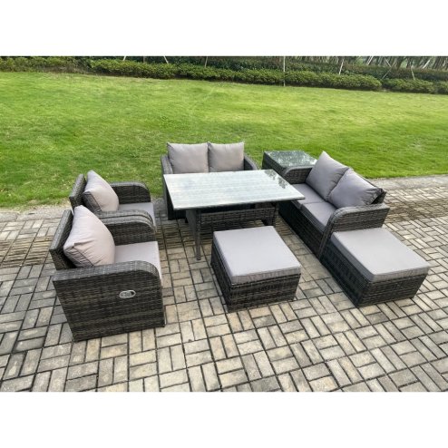 Fimous Outdoor Rattan Garden Furniture 8 piece Grey Patio Furniture Set 8 Seater Lounge Sofa Set with Rectangular Table Reclining Chairs 2 Big Stools Side Table