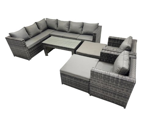 Fimous 7 Pieces Outdoor PE Rattan Garden Furniture Corner Sofa Oblong Coffee Table Set with Cushions Chair 2 Big Footstools Dark Grey Mixed