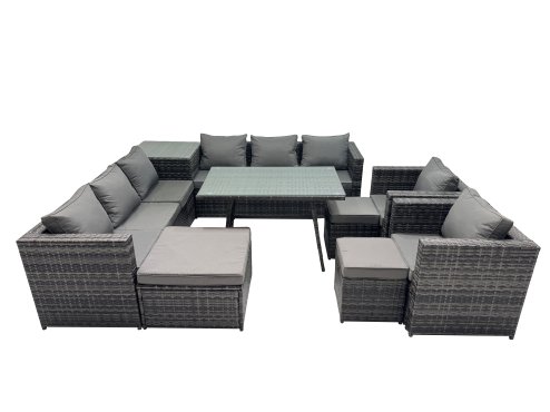 Fimous Outdoor Corner Sofa Chair Dining Table Set Garden Rattan Furniture Set 11 Seater with 3 Stool Side Table Dark Grey