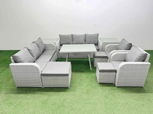 Fimous Rattan High Back Lounge Sofa Set Patio Dining Table & Chairs Set with 3 Seater Sofa 2 Reclining Chairs 2 Side Tables 3 Stool Light Grey