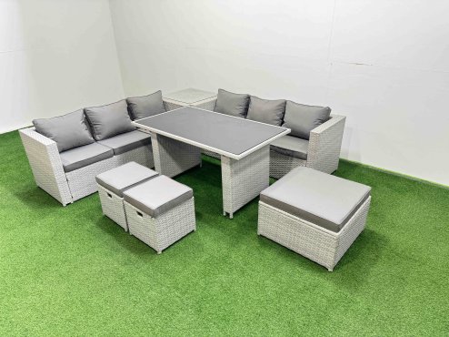 Fimous Rattan Garden Furniture Dining Set 9-seater Patio Rectangular Table Sofa Set with Side Table 3 Stools Light Grey