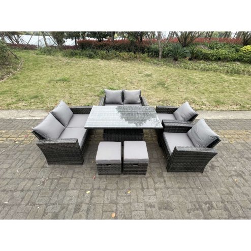 Fimous Rattan Outdoor Furniture Adjustable Rising Lifting Rectangle Dining Table Chairs Two Seater Love Sofa Sets Footstools 8 Seater