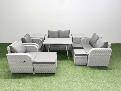 Fimous 9 Seater Rattan Garden Furniture Set Outdoor Love Sofa Set with Rectangular Dining Table 2 Side Tables 3 Footstools Light Grey