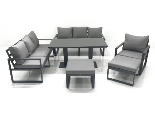 Fimous Outdoor Garden Furniture Set Aluminium Lounge Sofa Adjustable Rising Lifting Dining Table Sets with 2 Big Footstools Dark Grey