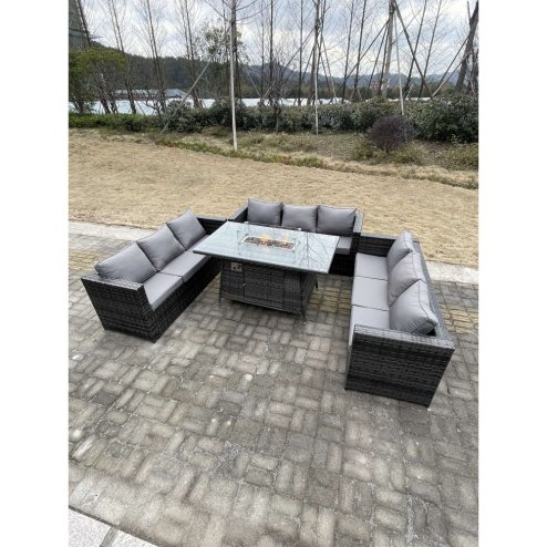 Fimous 9 Seater?U Shape Outdoor Lounge Rattan Sofa Set Garden Furniture Gas Firepit Set Dining Table Dark Grey Mixed