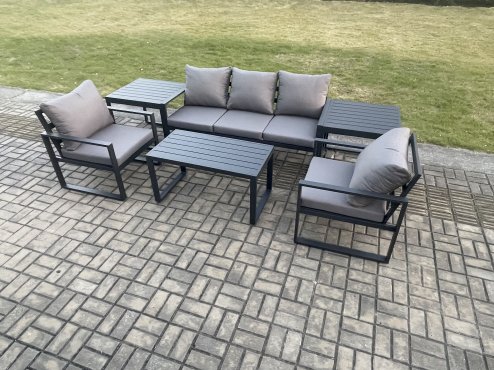 Fimous Aluminium Garden Furniture Set Patio Lounge Sofa with Oblong Coffee Table 2 Armchairs 2 Side Table Dark Grey