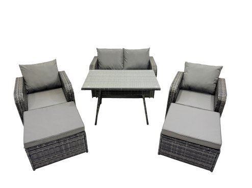 Fimous 6 Seater Garden Outdoor Rattan Furniture Set Rattan Sofa Oblong Dining Table with 2 Big Stools Dark Grey