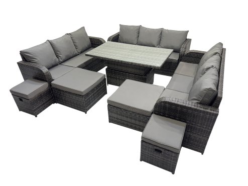 Fimous Rattan Garden Furniture Dining Set 13-seater Patio Height Adjustable Rising Lifting Table Sofa Set with 4 Footstools Dark Grey Mixed