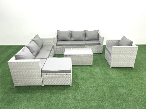 Fimous Wicker PE Rattan Sofa Garden Furniture Set with Armchair Oblong Coffee Table Big Footstool Light Grey Mixed