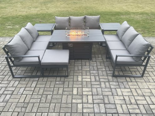 Fimous Aluminium 10 Seater Garden Furniture Outdoor Set Patio Lounge Sofa Gas Fire Pit Dining Table Set with Big Footstool 2 Side Tables Dark Grey