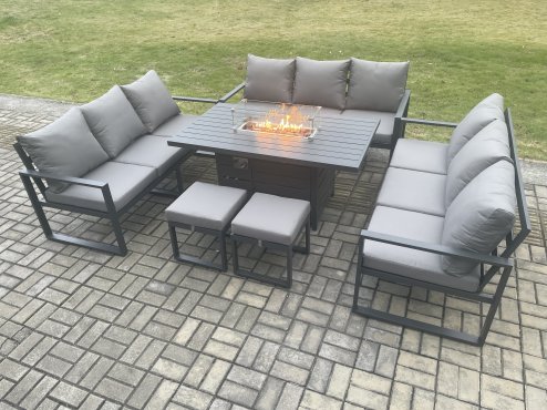 Fimous Aluminium 11 Seater Garden Furniture Outdoor Set Patio Lounge Sofa Gas Fire Pit Dining Table Set with 2 Small Footstools Dark Grey