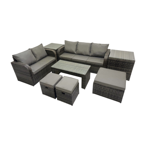 Fimous Rattan Garden Outdoor Furniture Set 3 Seater Sofa Love Sofa Coffee Table with 3 Footstools 2 Side Table Dark Grey Mixed