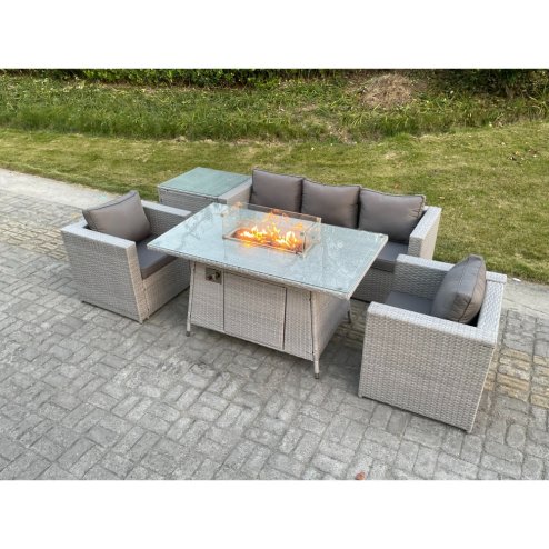 Fimous Light Grey Corner Rattan Garden Furniture Set Gas Fire Pit Dining Set Heater Lounge Sofa Side Coffee Table Armchairs