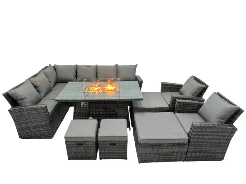 Fimous Poly Rattan Outdoor Patio Gas Firpit Dining Table Corner Sofa Set with 4 Stools 2 Chairs for Garden Backyard Dark Grey Mixed