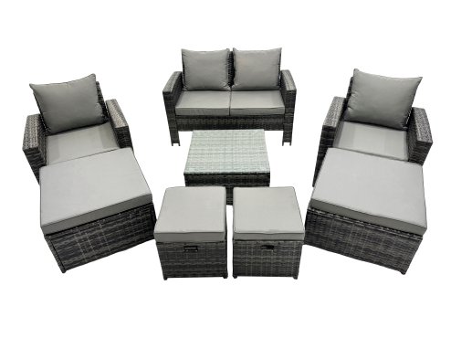 Fimous PE Rattan Garden Furniture Set Lounge Sofa Coffee Table Set with 4 Footstool Dark Grey Mixed