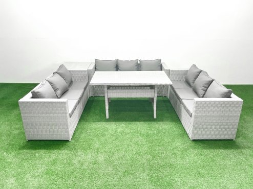 Fimous Rattan Garden Outdoor Furniture Set 9 Seater Garden Sofa Rectangulr Dining Table Set with Side Table Light Grey Mixed