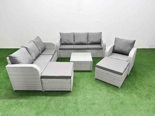 Fimous 9 Seater Poly Rattan Outdoor Garden Furniture Square Coffee Table Sofa Set Patio 3 Seater Sofa Reclining Chair 3 Seater Sofa 2 Big Footstools Light Grey
