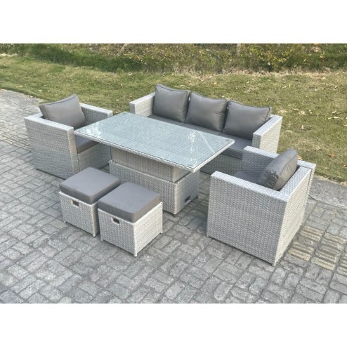 Fimous Rattan Garden Funiture Set Adjustable Rising Lifting Table Sofa Dining Set With 2 Arm Chair Stool