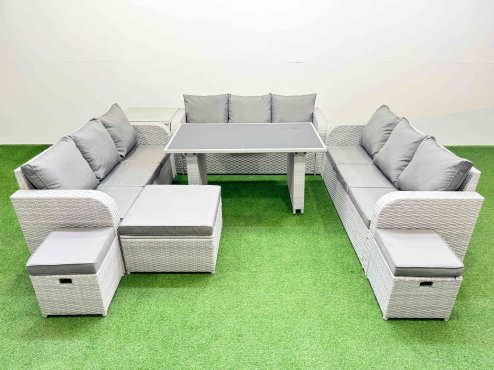 Fimous Patio Garden Furniture Sets with Black Glass Top Dining Table 3 Seater Sofa Side Table 3 Stool Light Grey
