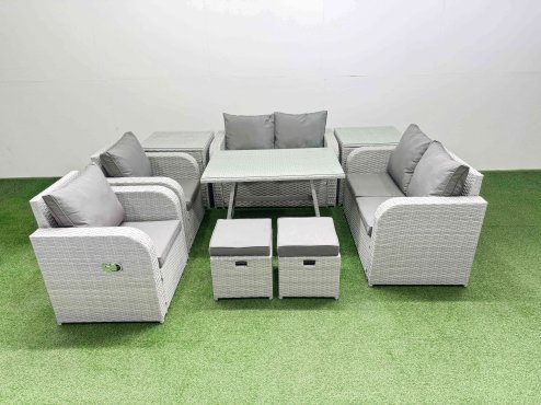 Fimous 8 Seater Rattan Garden Furniture Set Outdoor Love Sofa Set with Rectangular Dining Table 2 Side Tables 2 Small Footstools Light Grey