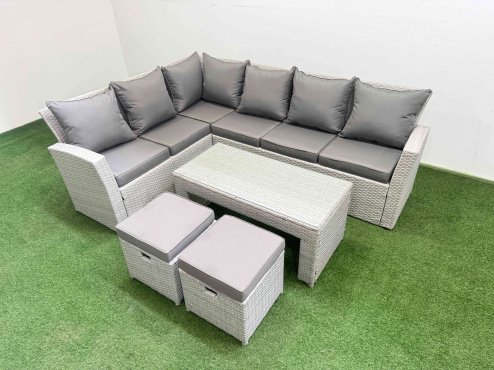 Fimous Rattan Garden Furniture Set Outdoor 8 Seater Corner Sofa Sets with Oblong Coffee Table 2 Small Footstools Light Grey Mixed