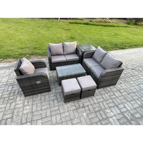 Fimous High Back Rattan Garden Furniture Set with Loveseat Sofa Rectangular Coffee Table Side Table 2 Small Footstools Indoor Outdoor Patio Lounge Sofa Set Dark Grey Mixed