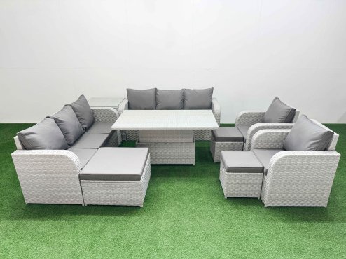 Fimous PE Rattan High Back Lounge Sofa Set Patio Adjustable Lifting Dining or Coffee Table & Chairs Set with 3 Seater Sofa Reclining Chair 3 Stools Side Table Light Grey