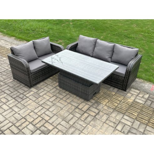 Fimous Outdoor Rattan Garden Furniture Sets Height Adjustable Rising lifting Dining Table Lounge Sofa Set Dark Grey Mixed