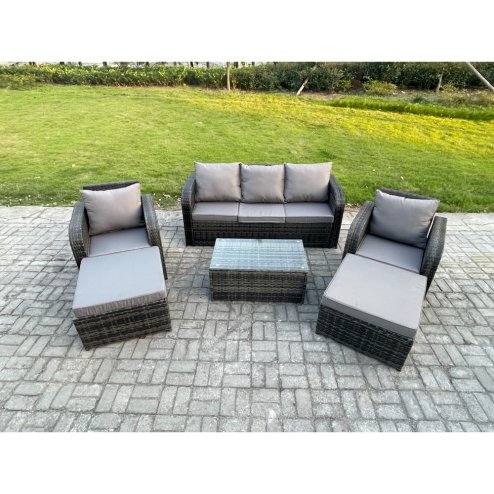 Fimous Wicker PE Rattan Garden Furniture Set 7 Seater Outdoor Lounge Sofa Set with Coffee Table 2 Big Footstool Dark Grey Mixed