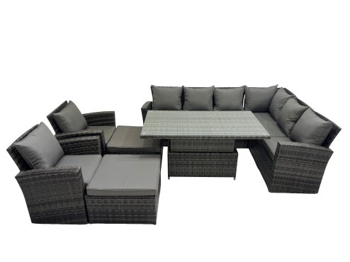 Fimous 10 Seat Rattan Garden Furniture Corner Sofa Set Outdoor Adjustable Lifting Dining or Coffee Table Set with 2 Big Footstools Dark Grey Mixed