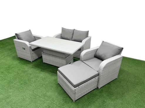 Fimous Light Grey PE Wicker Rattan Garden Furniture Set Sofa Set Reclining Chair Adjustable Lifting Dining or Coffee Table 5 Seater With Footstool