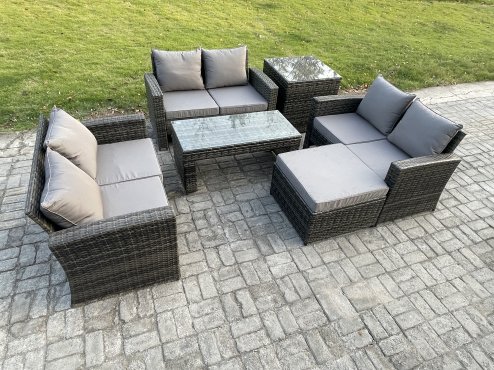 Fimous 7 Seater Rattan Wicker Garden Furniture Patio Conservatory Sofa Set with Coffee Table Double Seater Sofa Big Footstool Side Table